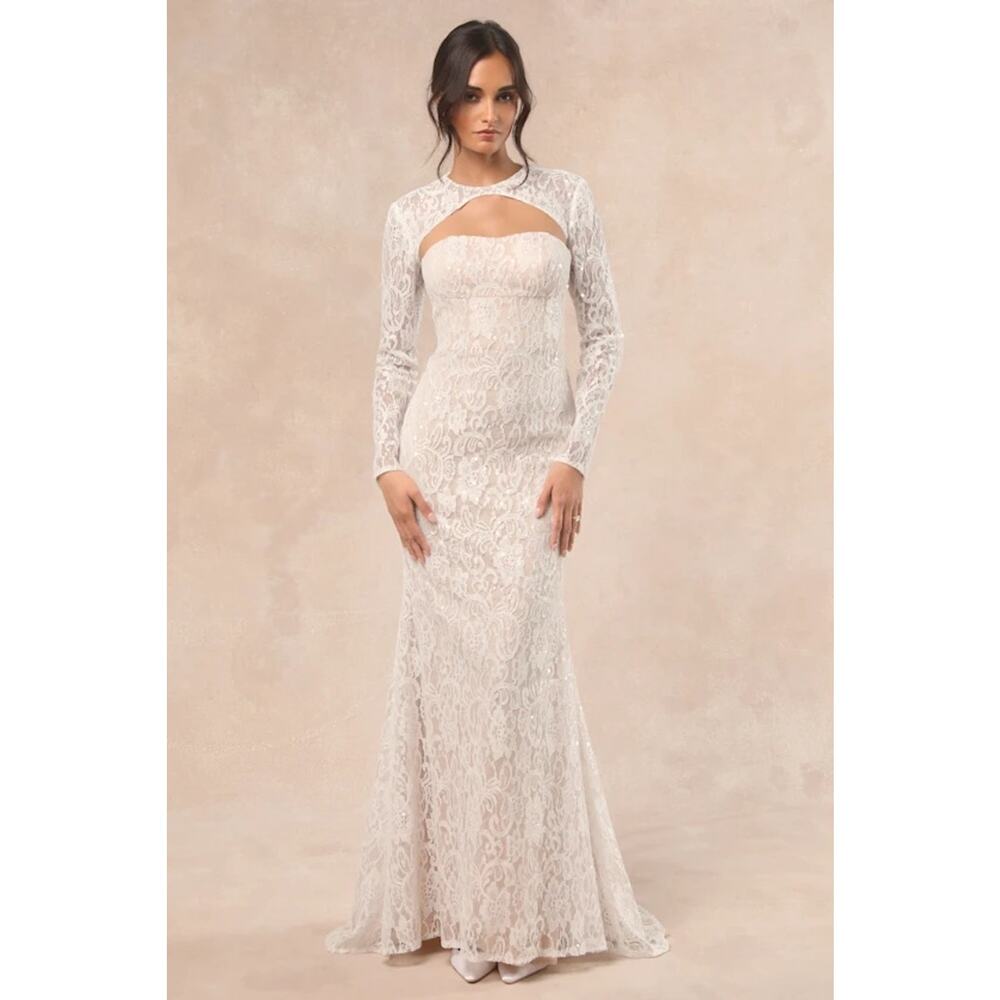 NWT Lulus Neska White and Beige Lace Maxi Wedding Dress and Shrug Set XL